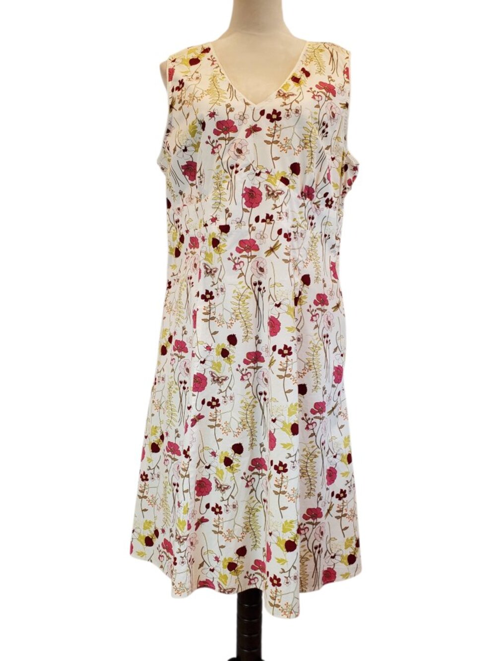 EDDIE BAUER SZ 16 Floral V-Neck Cotton-blend Midi Dress White Red Green
